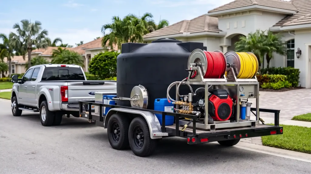 Pressure washing trailer parked outside a Wesley Chapel home
