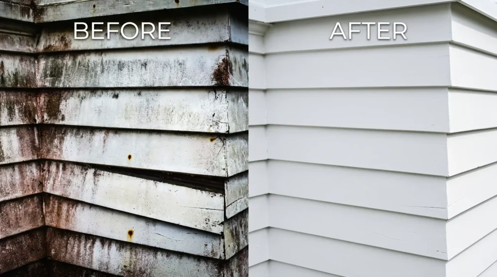 Algae-covered siding before and after soft wash in Meadow Pointe