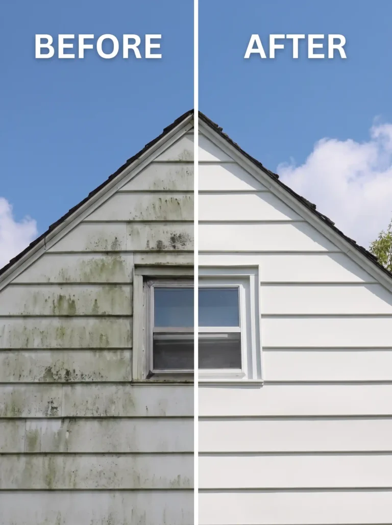 Dirty algae siding transformed after soft wash in Meadow Pointe