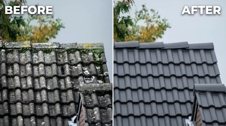 Mossy-streaked roof tiles before and after cleaning