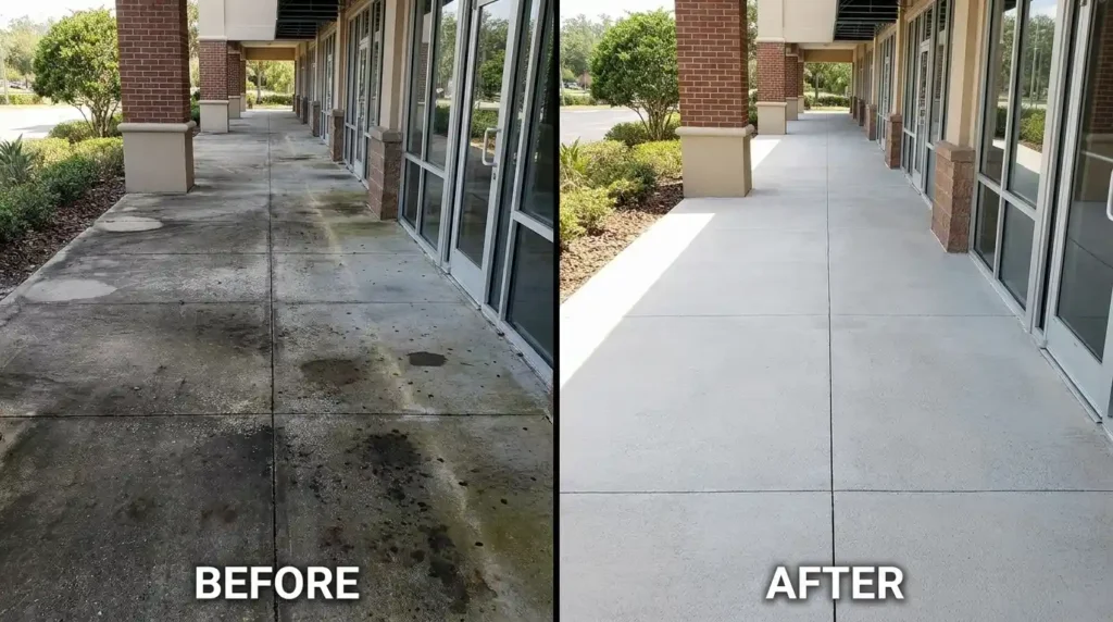 Storefront concrete walkway cleaning before and after near Shops at Wiregrass