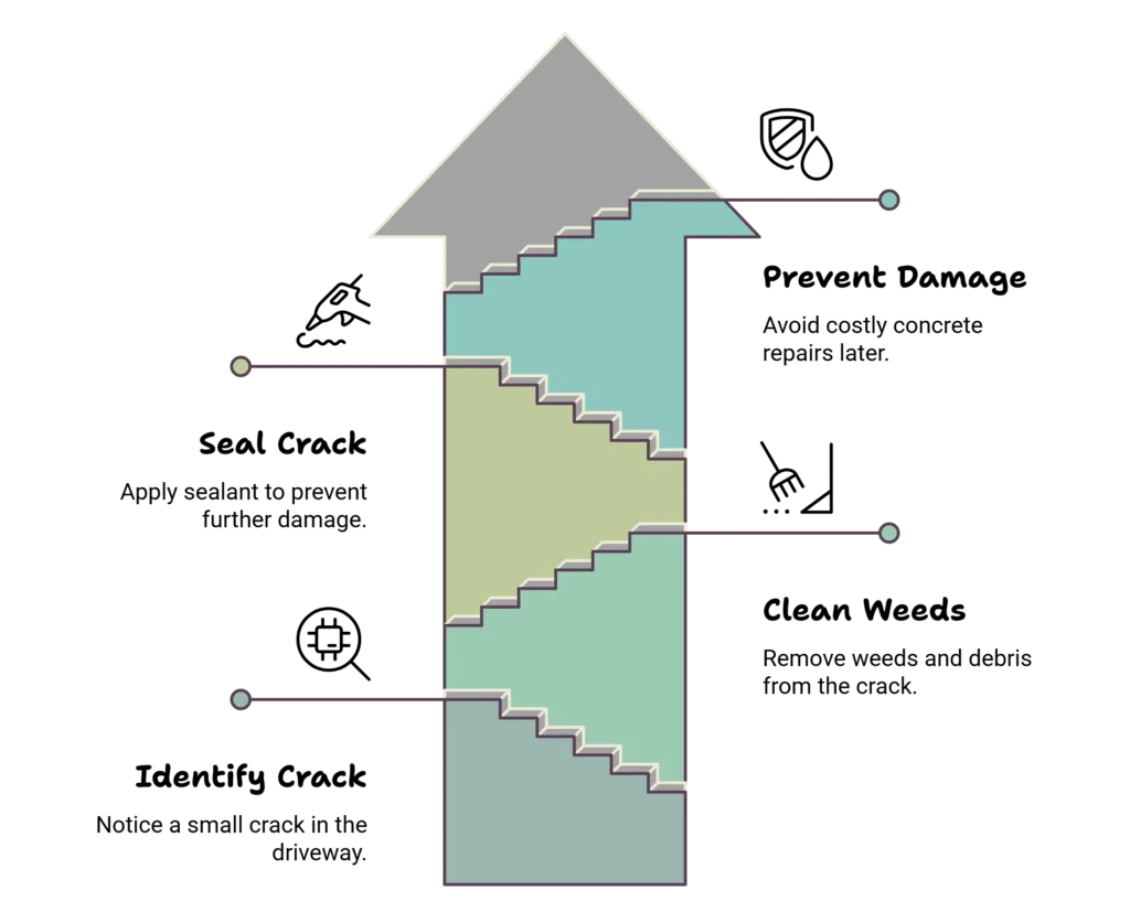 Infographics showing steps to clean weeds and seal driveway cracks