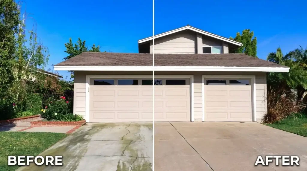 Before and after algae stain removal on Watergrass driveway