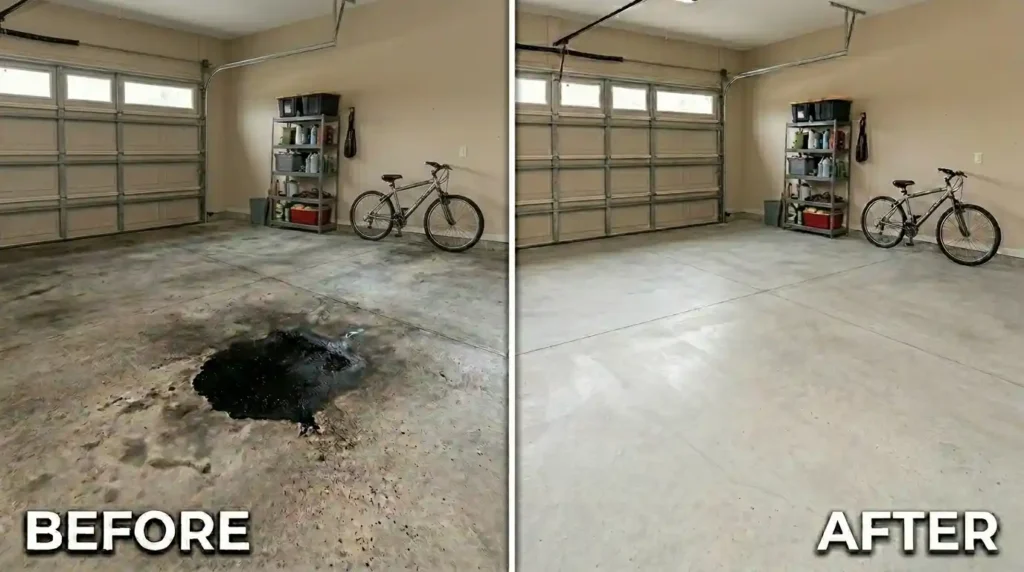 Oil stain removal result on garage floor near Quail Hollow