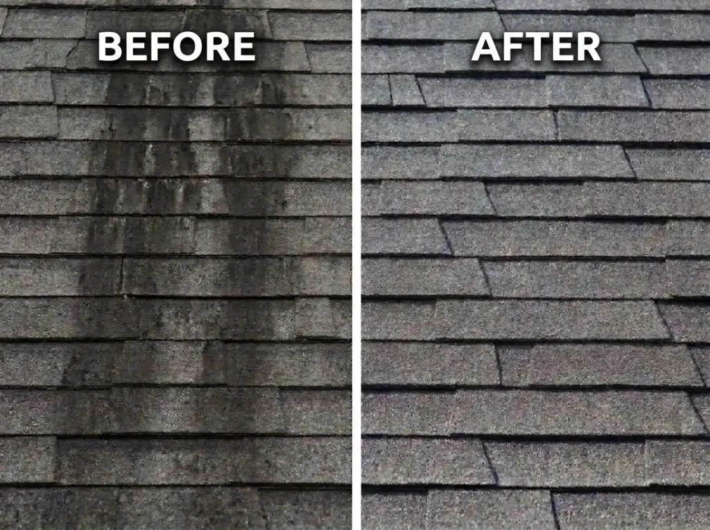 Before and after shingle roof cleaning results